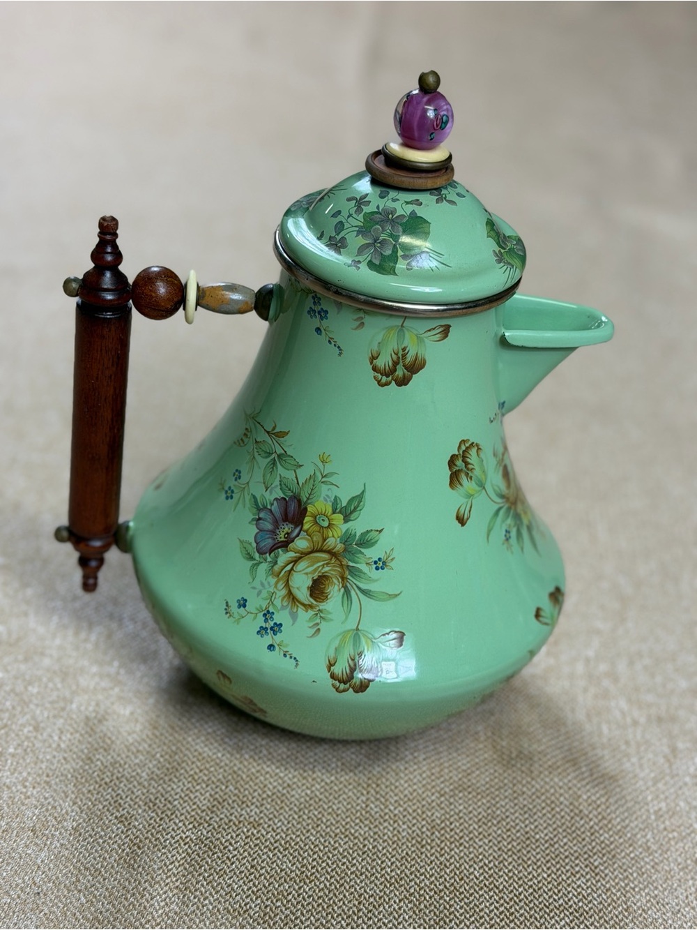 Camp Mackenzie Childs Enamel Tea/Coffee Pot 1995 Green  Blue Floral Rare Color